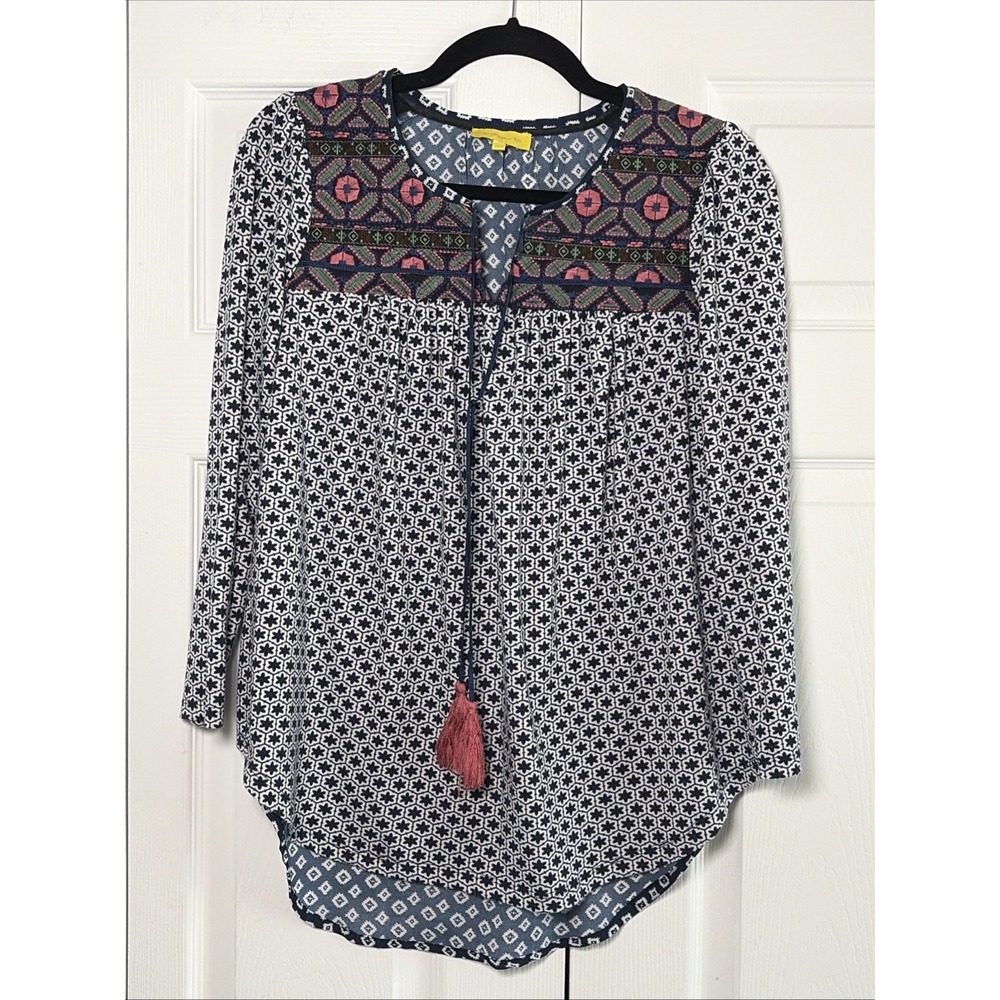 Ezra Embroidered Boho Tunic Blouse Womens Size M Navy Blue Geometric Tassel Top